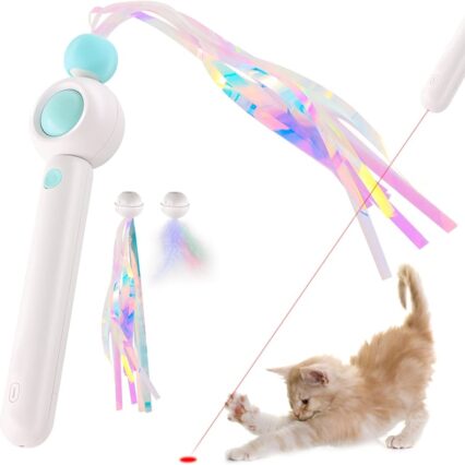 Retractable Cat Wand Toy,One-Click Recycling Cat Interactive Teaser Toys with Feathers & Long Ribbon,Kitten Feather Toy